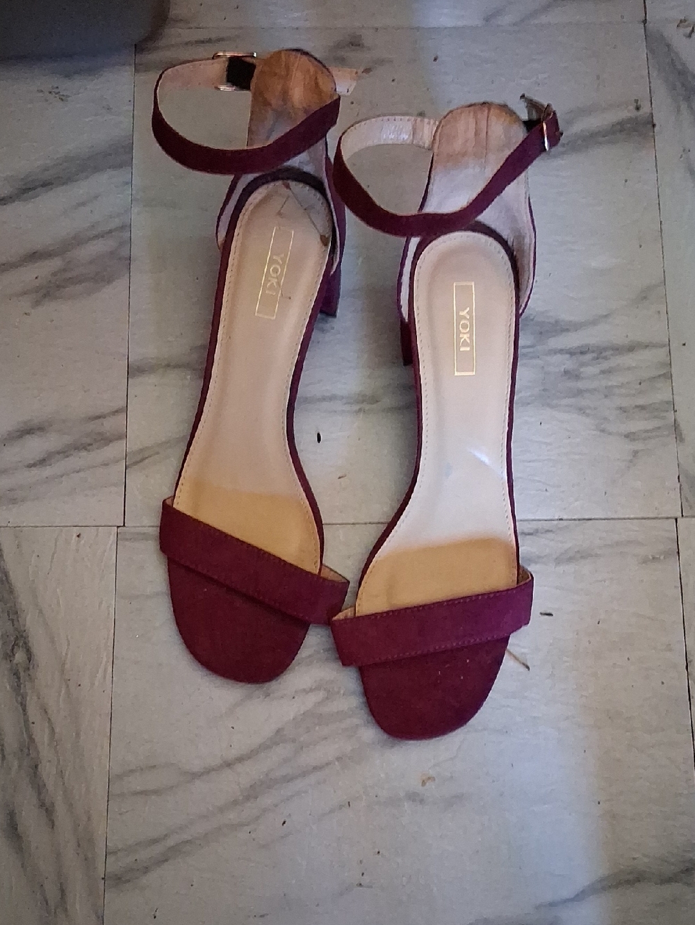 Yoki Burgundy Open-Toe Ankle Strap Block Heel Sandals